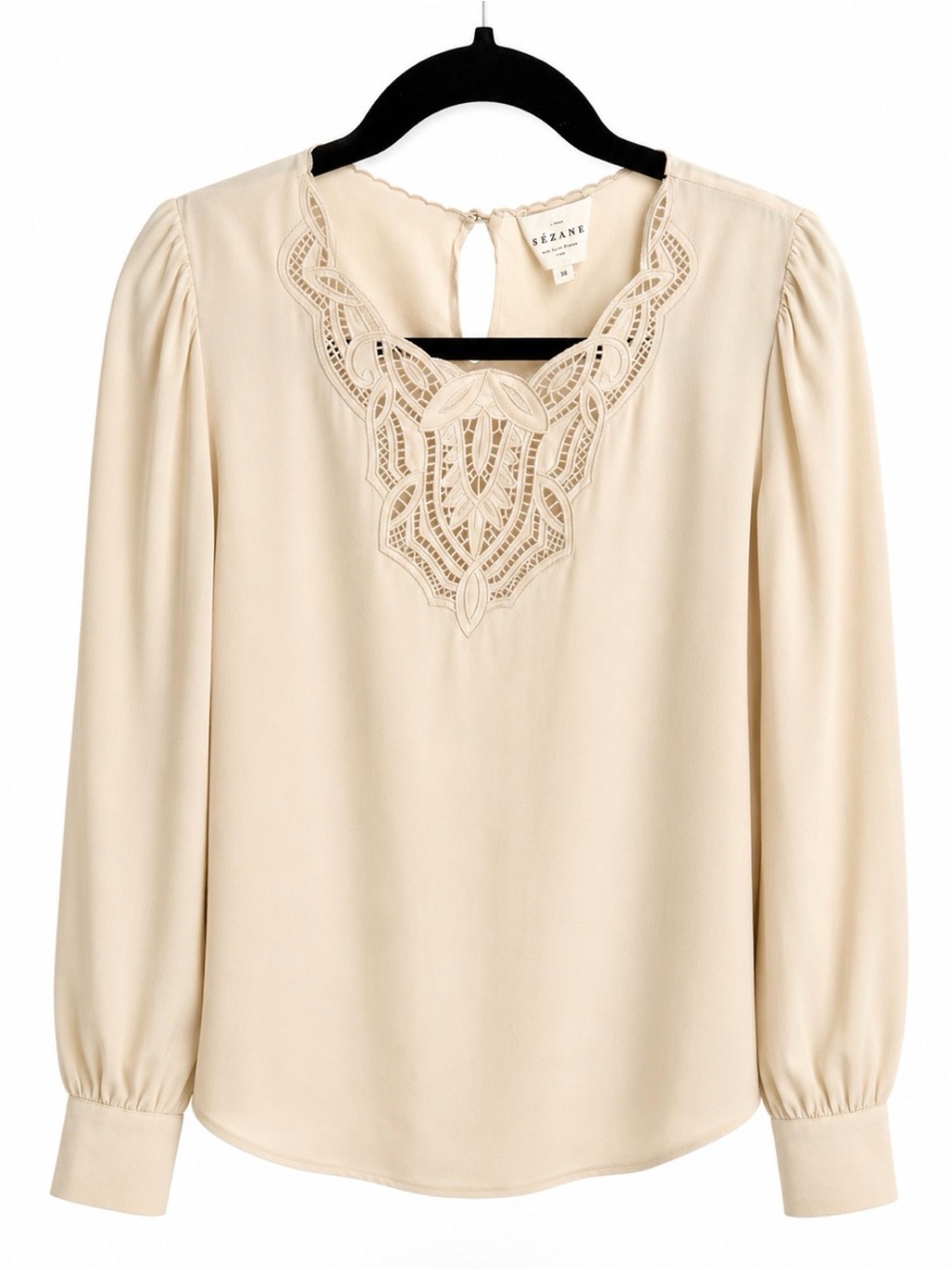 Sézane Ecru Embroidered Lace Scoop Neck Long Sleeve Blouse